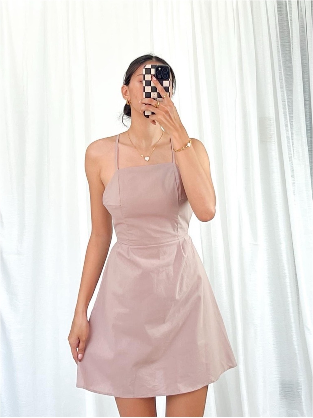 Brown Square Neck Spaghetti Strap Mini Dress in Dusty Pink